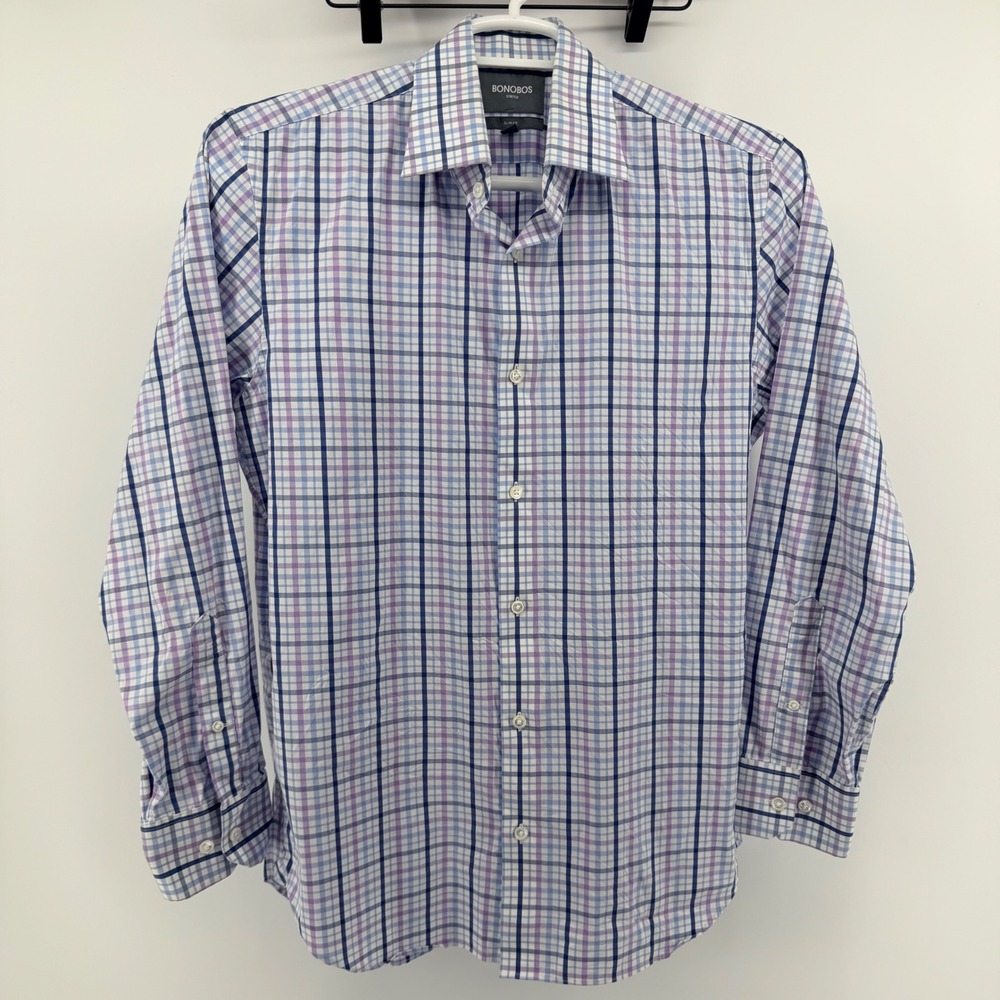 Bonobos Stretch Slim Fit Dress Shirt Plaid Check Purple Blue 16 x 34 Mens - Picture 2 of 7